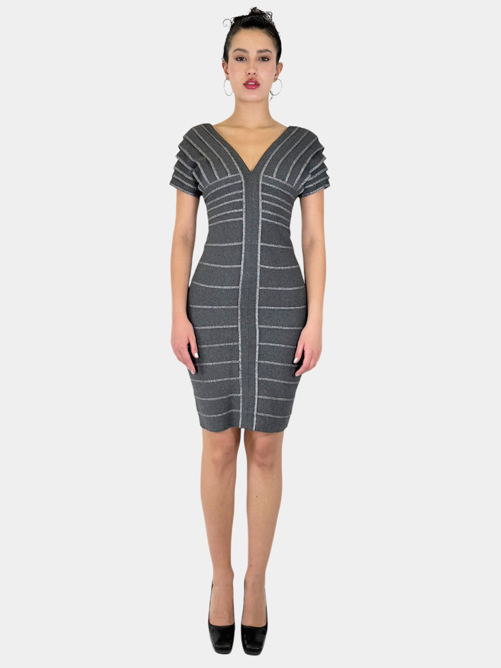 Herve Leger Grey Short Sleeve V-Neck Knit Bandage Sheath Mini Dress with Contrast Stitching, Size Medium Luxury Designer Resale Consignment Toronto Secondhand Bodycon