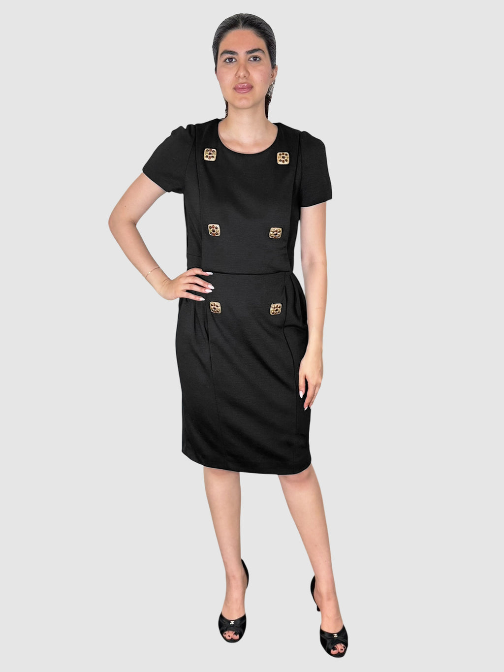 Chanel 2011 Black Short Sleeve Jewel Button Wool Midi Dress, Size 40 luxury designer resale consignment vintage secondhand Toronto Canada
