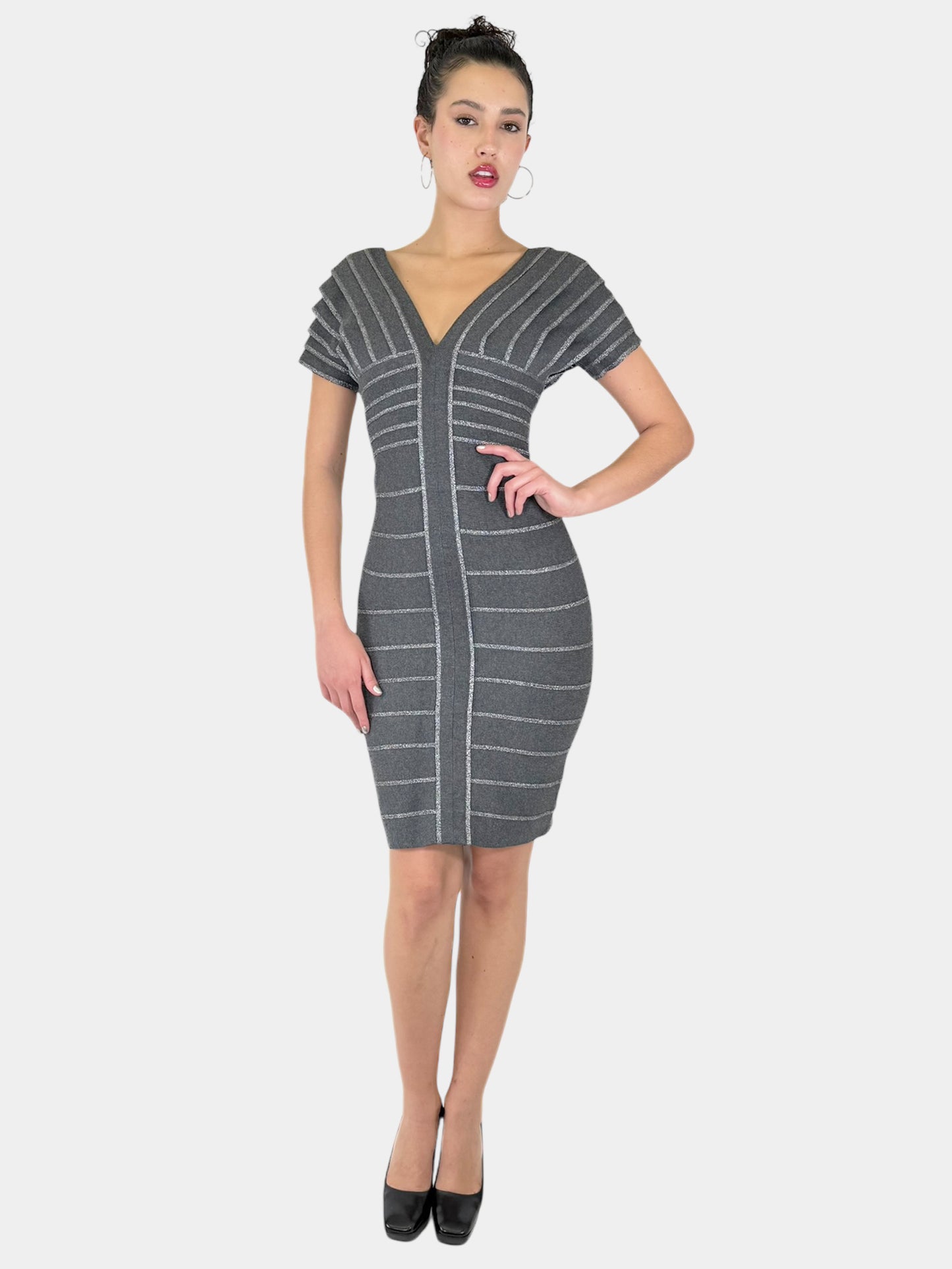 Herve Leger Grey Short Sleeve V-Neck Knit Bandage Sheath Mini Dress with Contrast Stitching, Size Medium Luxury Designer Resale Consignment Toronto Secondhand Bodycon