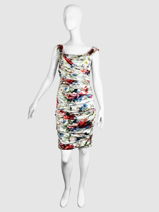 Dolce & Gabbana Multicolour Floral Print Ruched Dress Size 42 Consignment Secondhand Designer Luxury Resale Toronto Trendy