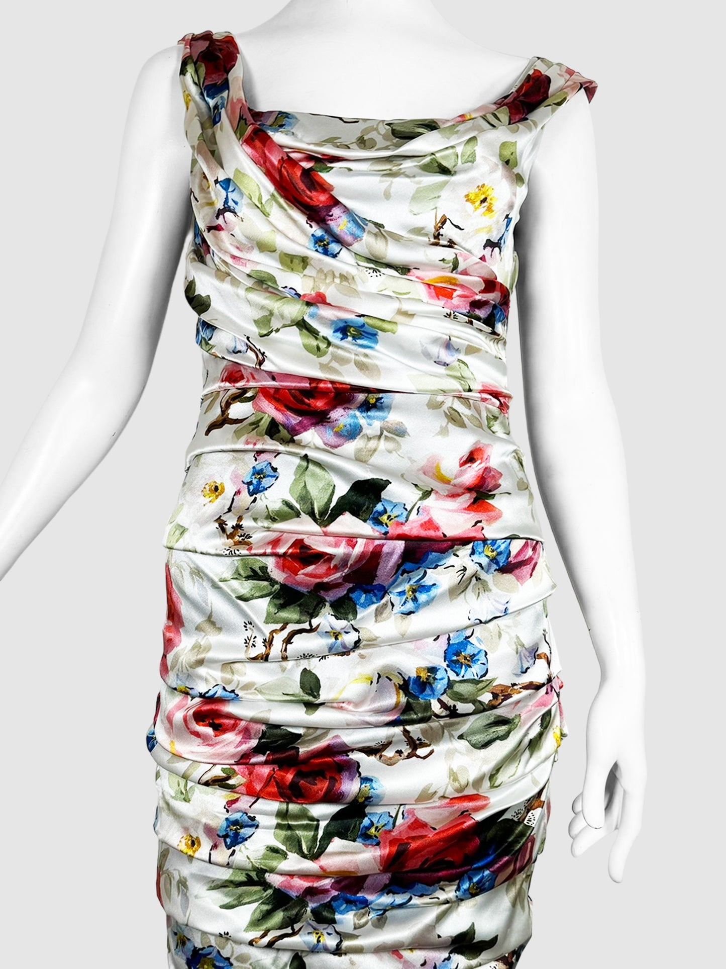 Dolce & Gabbana Multicolour Floral Print Ruched Dress Size 42 Consignment Secondhand Designer Luxury Resale Toronto Trendy