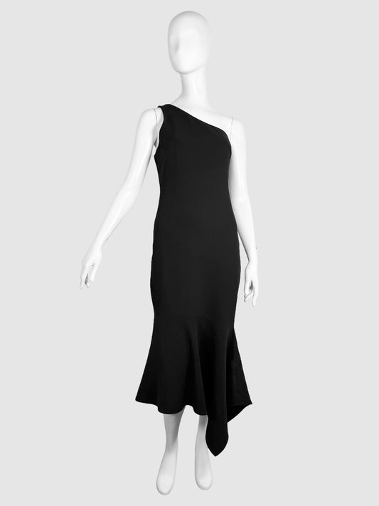 Cinq à Sep Black Asymmetrical One Shoulder Dulcina Peplum Midi Dress Size 4 Consignment Secondhand Designer Luxury Resale Toronto Trendy