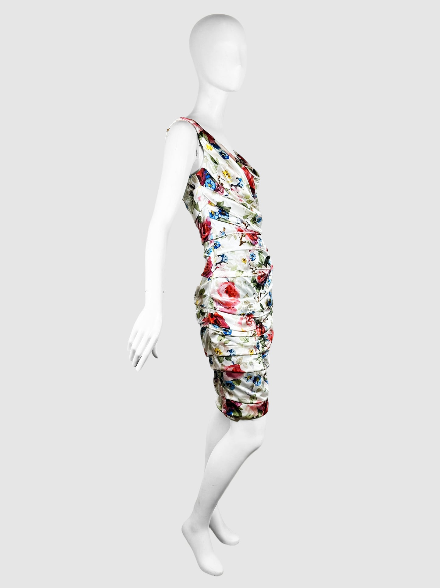 Dolce & Gabbana Multicolour Floral Print Ruched Dress Size 42 Consignment Secondhand Designer Luxury Resale Toronto Trendy