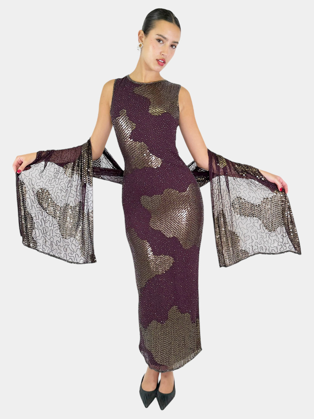 Sequin Maxi Dress with Scarf - Size 8