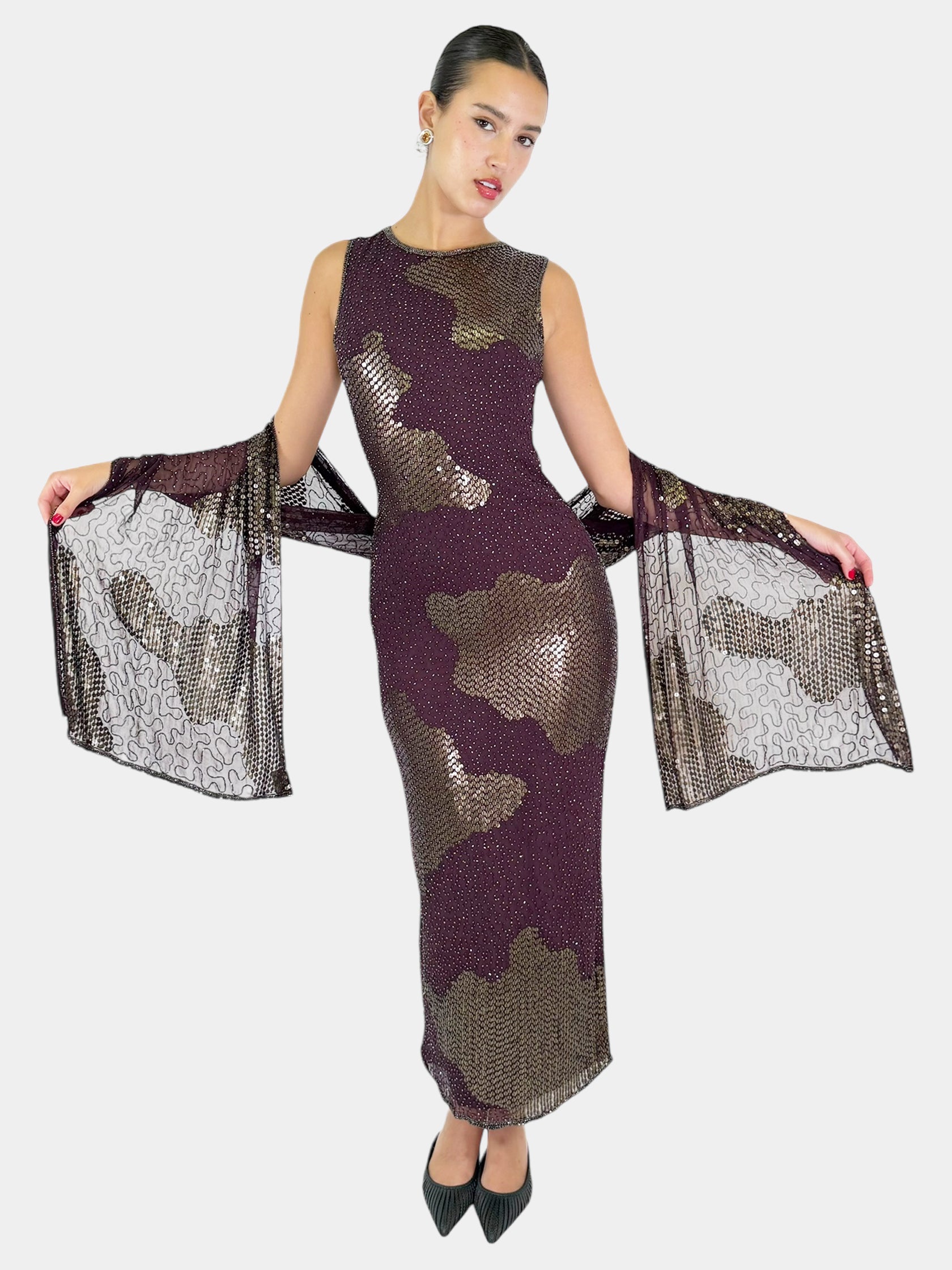 Sequin Maxi Dress with Scarf - Size 8