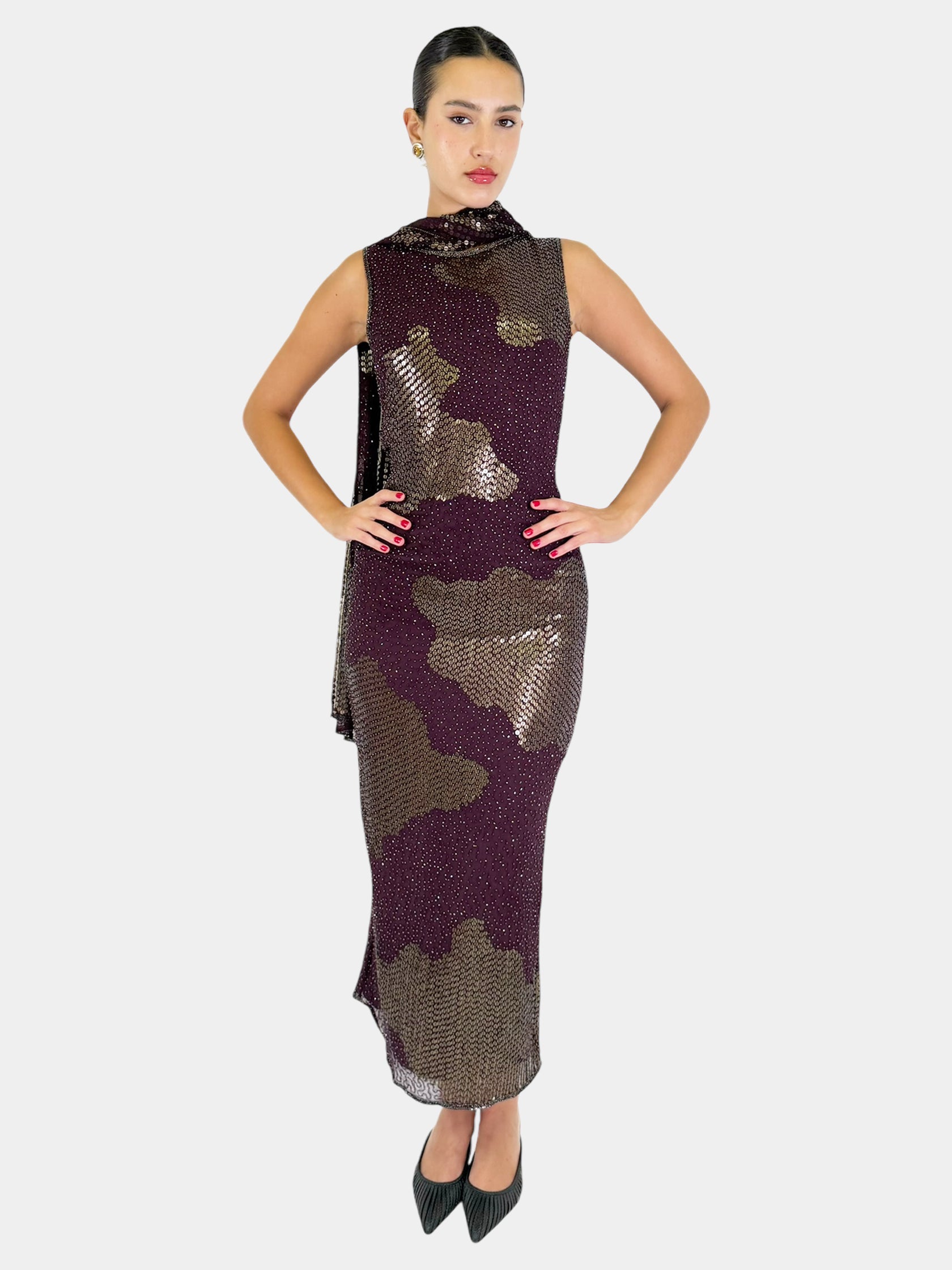 Sequin Maxi Dress with Scarf - Size 8