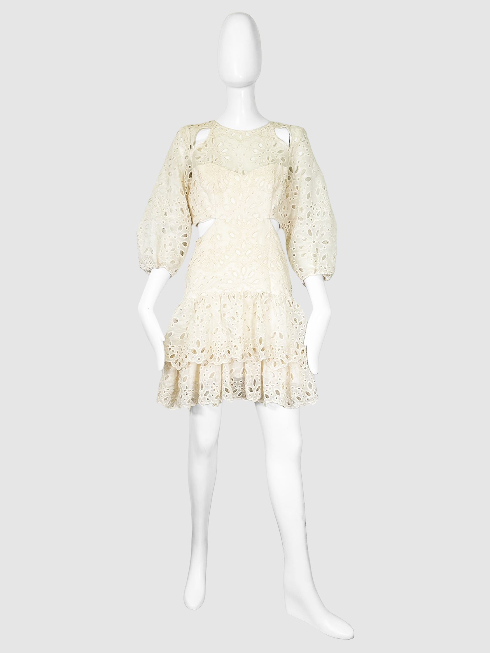 Maje Cream Eyelet Embroidered Cutout Mini Dress with Back Zip Closure Size 38 Consignment Secondhand Designer Luxury Resale Toronto Trendy