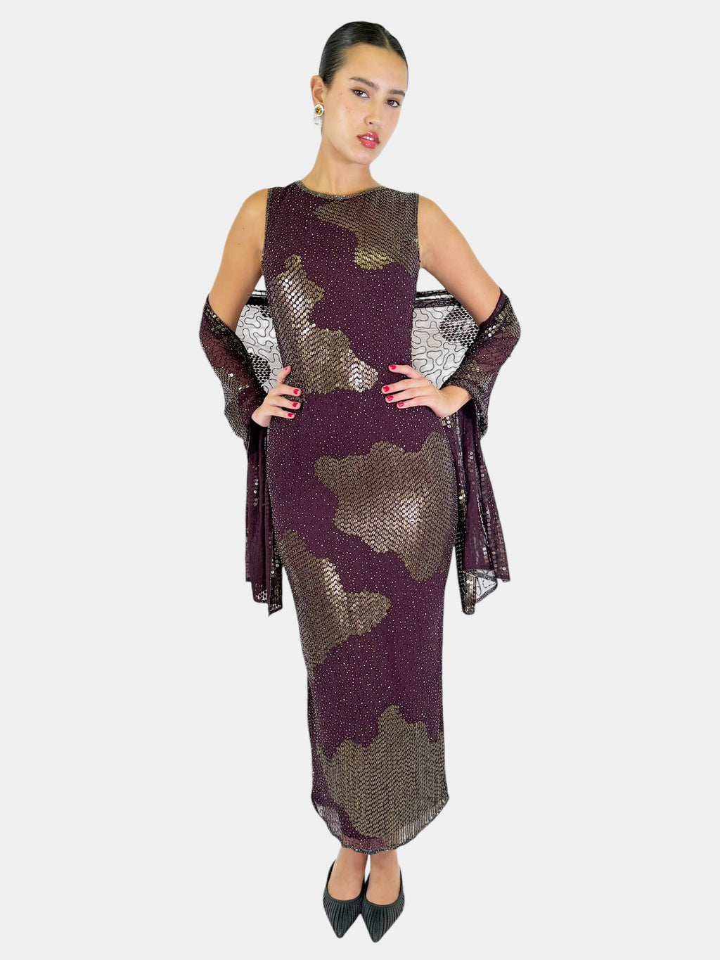 Sequin Maxi Dress with Scarf - Size 8