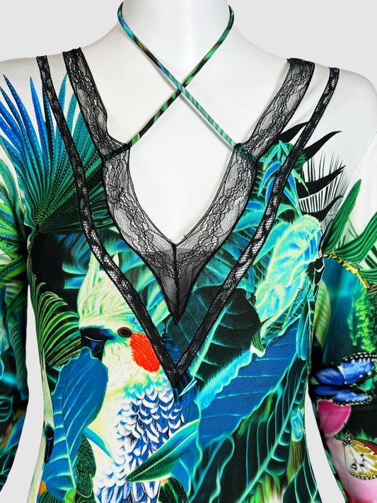 Tropical Print Lace Trim Dress - Size 40
