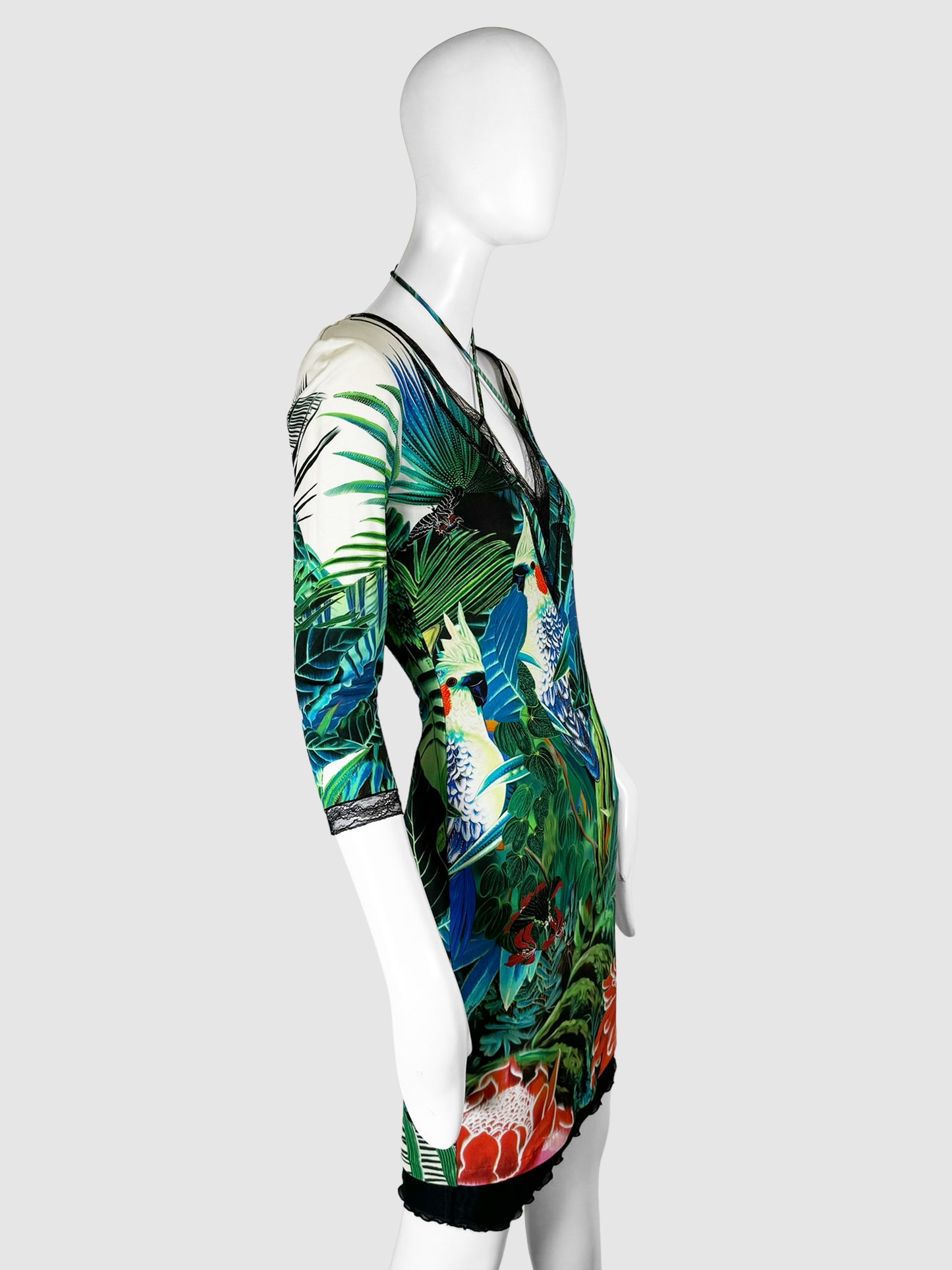 Tropical Print Lace Trim Dress - Size 40