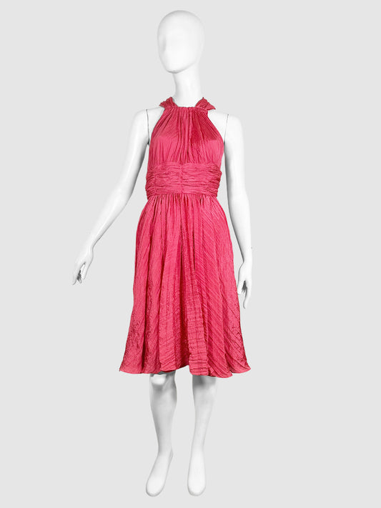 Oscar de la Renta Fuchsia Pink Azalea Ruched Halter Neck Open Back Mini Dress Size 6 Consignment Secondhand Designer Luxury Resale Toronto Trendy