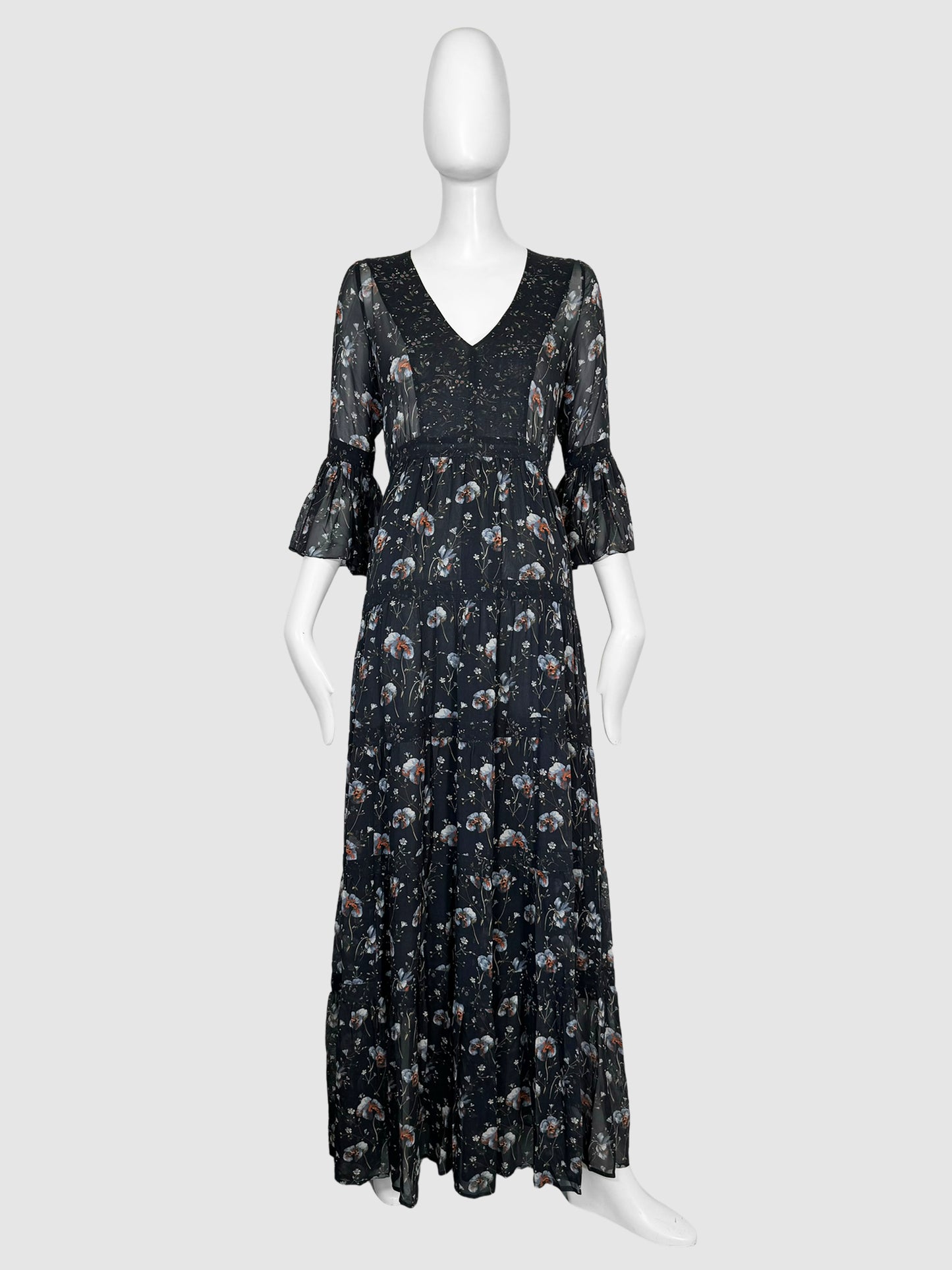 Silk Floral V-Neck Long Sleeve Maxi Dress - Size XS