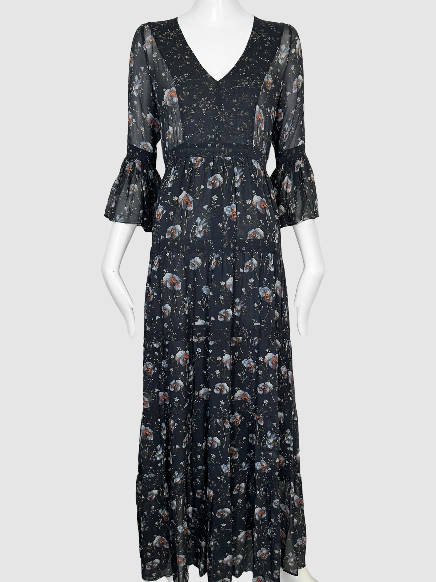 Silk Floral V-Neck Long Sleeve Maxi Dress - Size XS