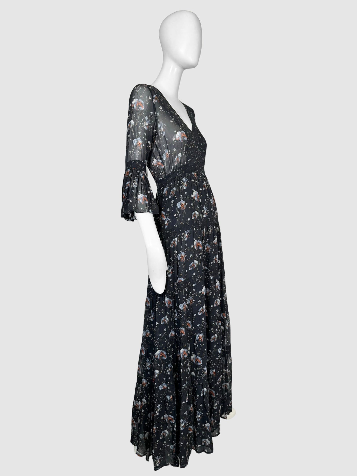 Silk Floral V-Neck Long Sleeve Maxi Dress - Size XS