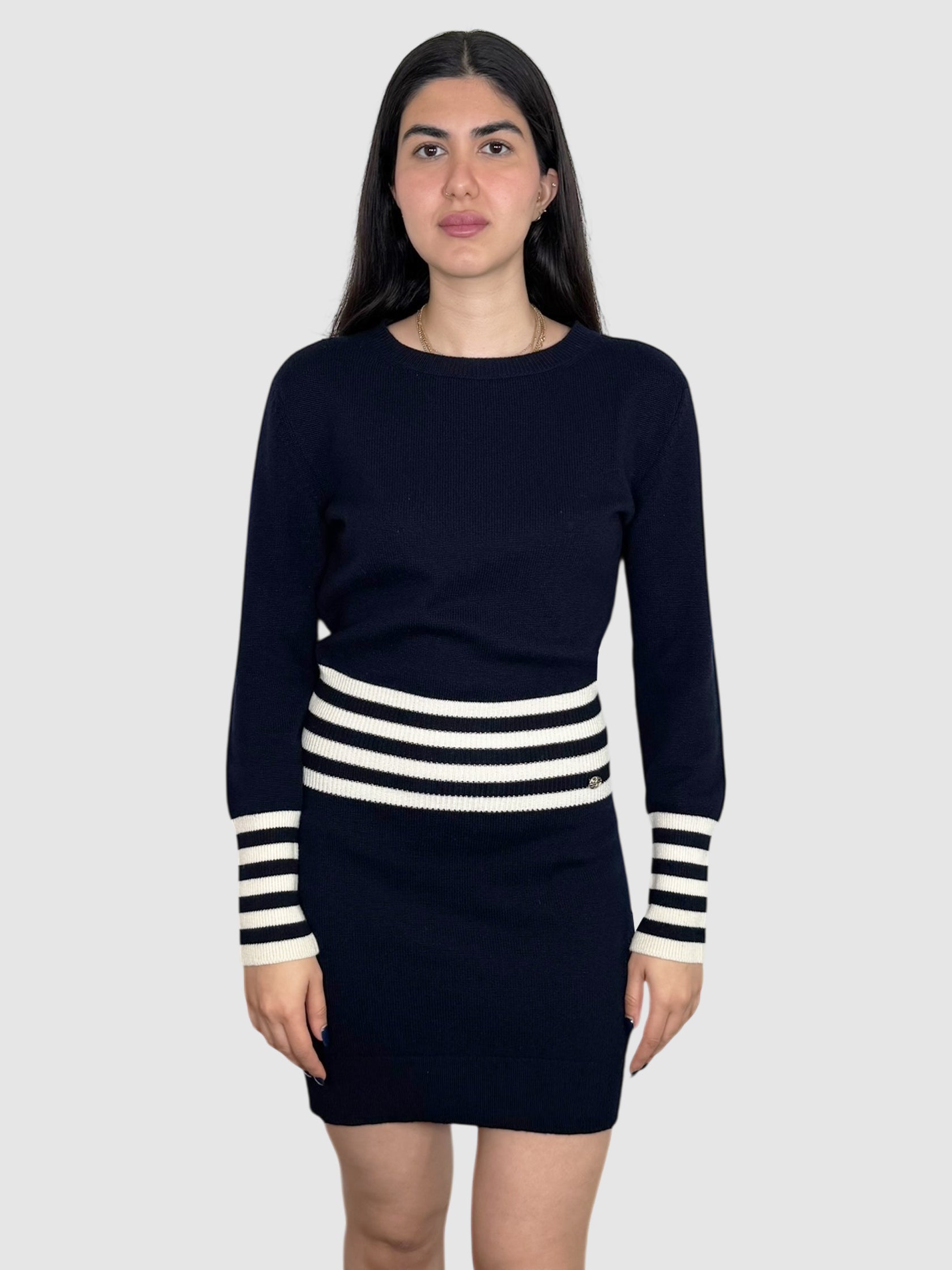 Chanel Navy Blue and White Long Sleeve Stripe Cashmere Mini Sweater Dress Luxury Designer Resale Consignment Toronto Secondhand Canada