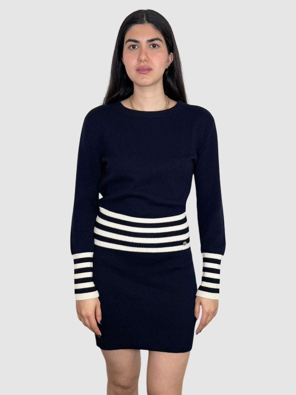 Chanel Navy Blue and White Long Sleeve Stripe Cashmere Mini Sweater Dress Luxury Designer Resale Consignment Toronto Secondhand Canada