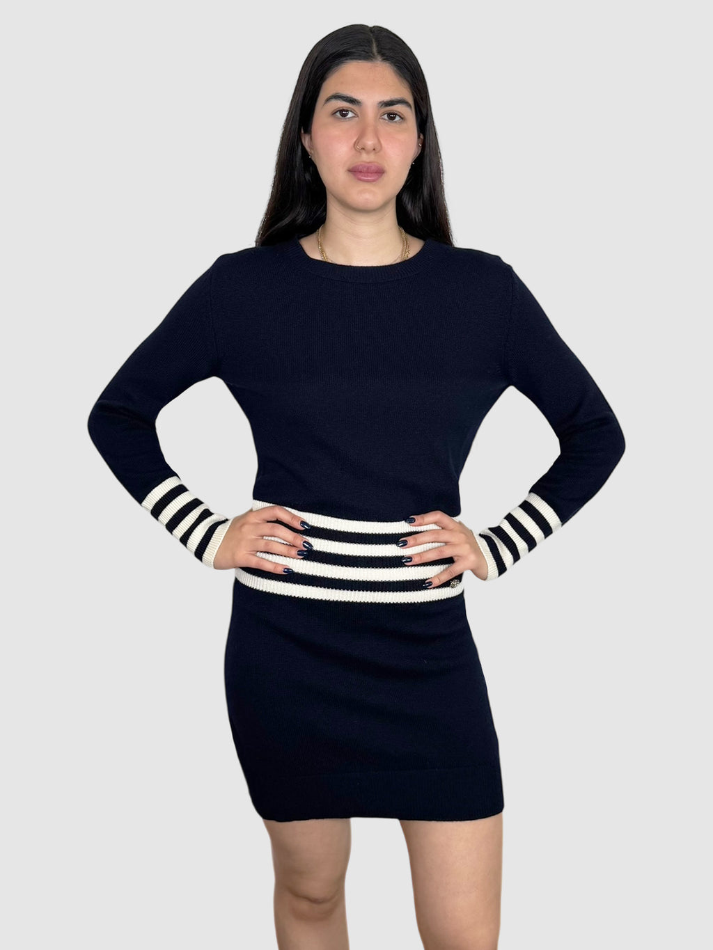 Chanel Navy Blue and White Long Sleeve Stripe Cashmere Mini Sweater Dress Luxury Designer Resale Consignment Toronto Secondhand Canada