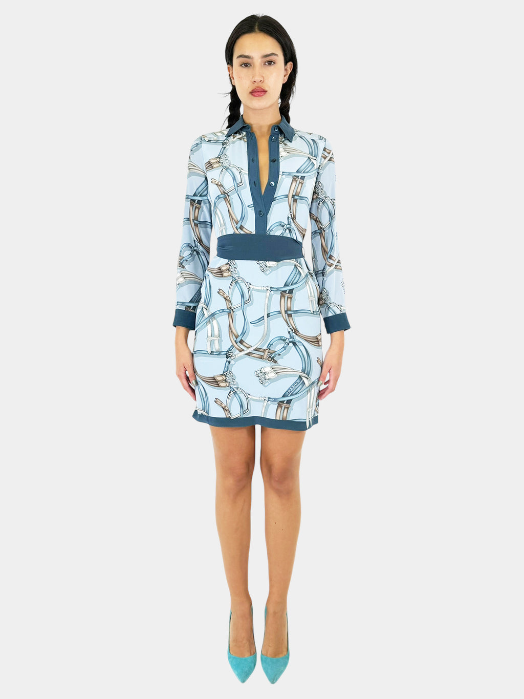 Gucci Blue Silk Equestrian Saddle Print Button-Up Mini Dress with Belt, Size 36 Luxury Designer Resale Toronto Consignment