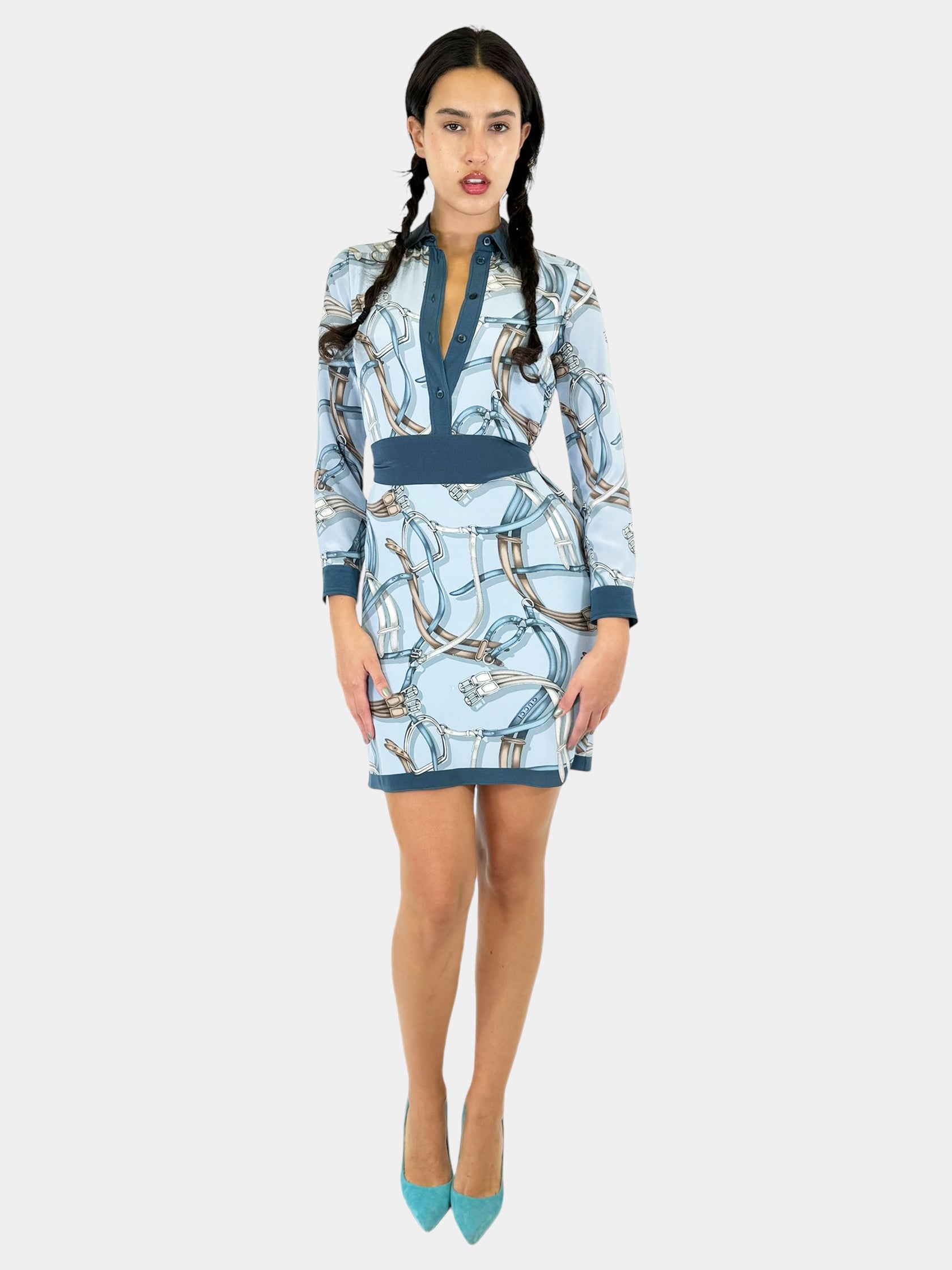 Gucci Blue Silk Equestrian Saddle Print Button-Up Mini Dress with Belt, Size 36 Luxury Designer Resale Toronto Consignment