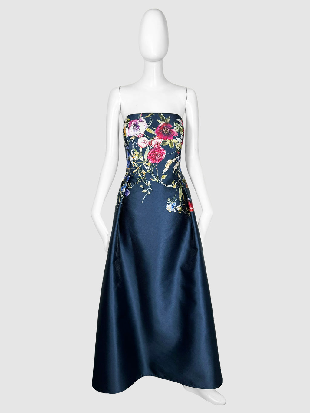 Frascara Navy Blue Strapless Evening Gown with Multicolour Floral Print Consignment Resale Luxury Event Gala Gown