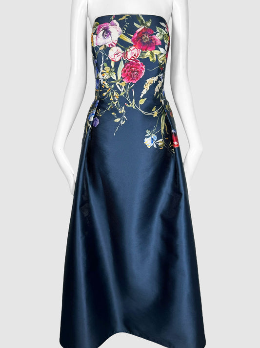 Frascara Navy Blue Strapless Evening Gown with Multicolour Floral Print Consignment Resale Luxury Event Gala Gown