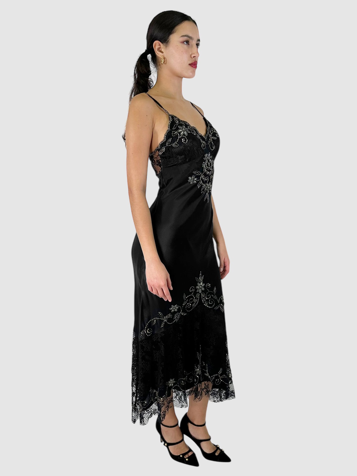 Beaded and Lace Sleeveless Midi Dress - Size 8