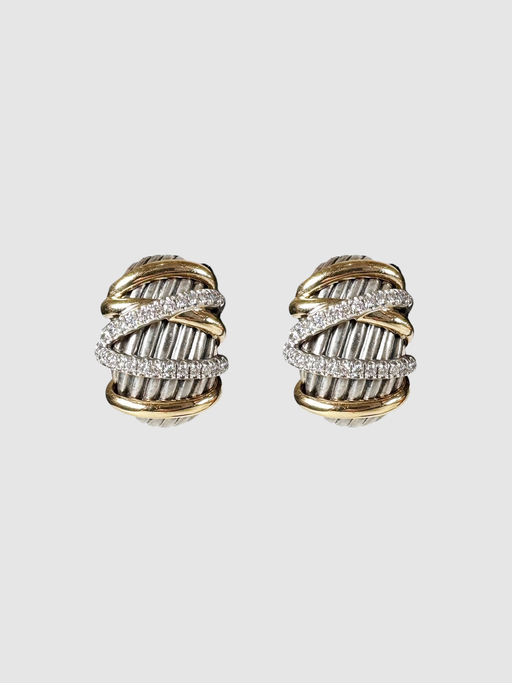 David Yurman 18K Yellow Gold, Sterling Silver, and Diamond Helena Shrimp Hoop Earrings Luxury Designer Resale Consignment Secondhand Toronto