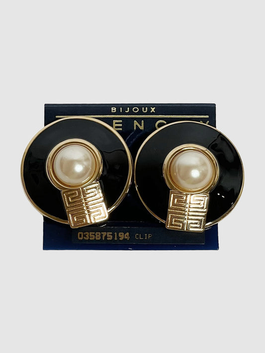 Givenchy Black Enamel and Faux Pearl Clip-On Earrings