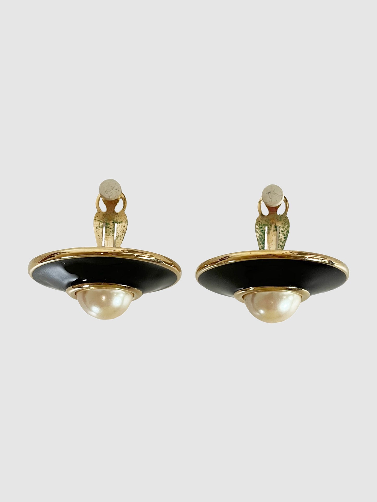 Black Enamel and Faux Pearl Clip-On Earrings