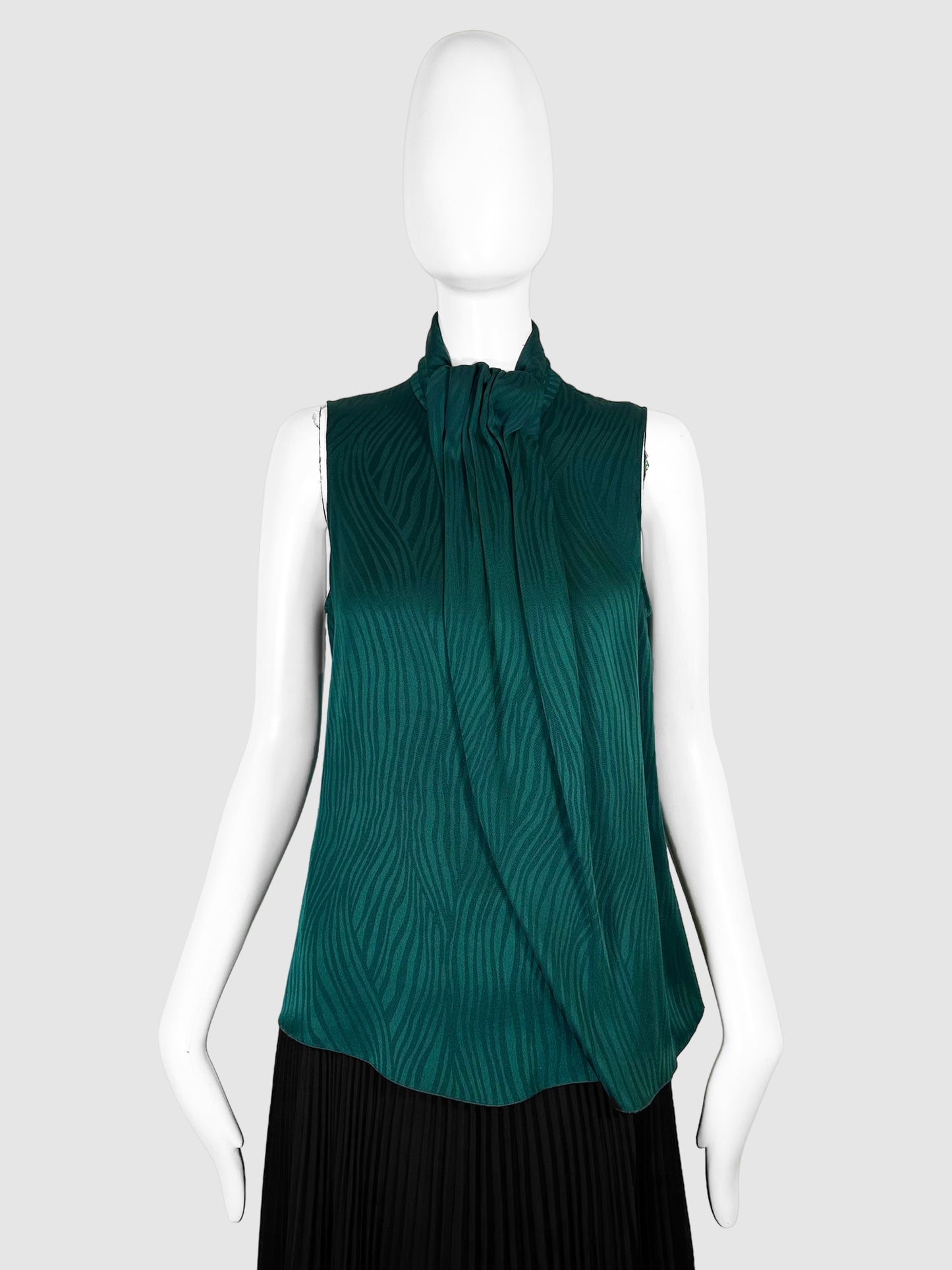 Emporio Armani Green Zebra Print Sleeveless Mock Neck Top With Center Pleating Size 40 Consignment Secondhand Designer Luxury Resale Toronto Trendy