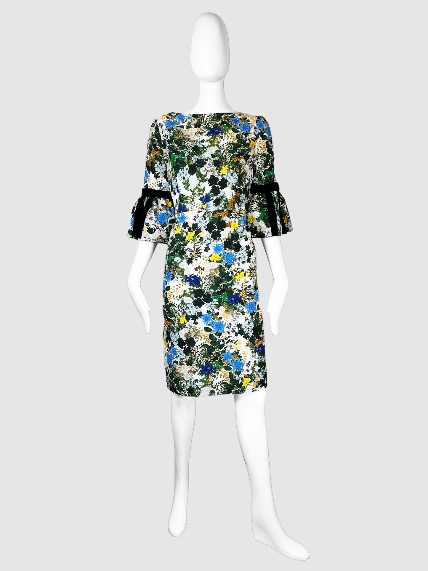 Erdem White, Green, Blue, and Yellow Floral Print Short Sleeve Knee-Length Dress Size Extra Large Consignment Secondhand Designer Luxury Resale Toronto Trendy