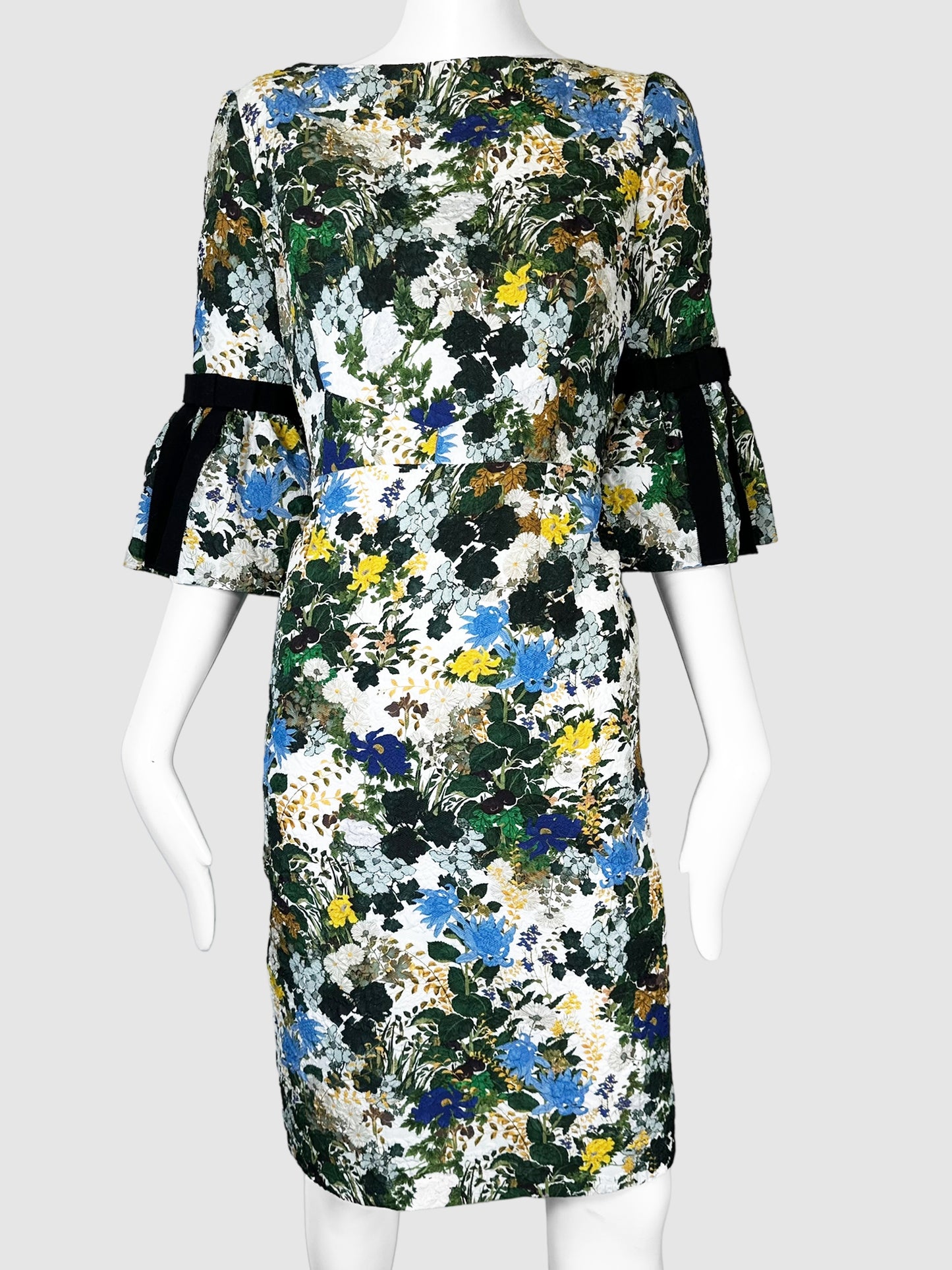 Erdem White, Green, Blue, and Yellow Floral Print Short Sleeve Knee-Length Dress Size Extra Large Consignment Secondhand Designer Luxury Resale Toronto Trendy