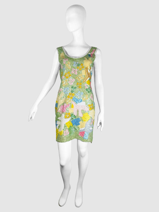 Escada Green, Pink, Blue, Yellow, and White Sequinned Floral Mini Dress Size 38 Consignment Secondhand Designer Luxury Resale Toronto Trendy