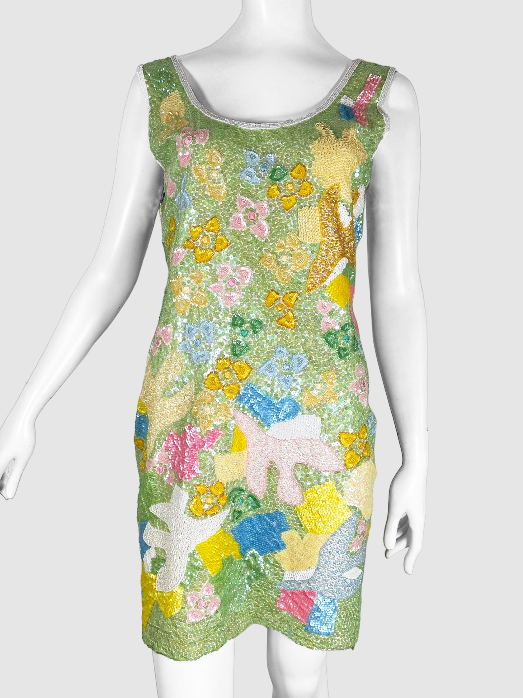 Escada Green, Pink, Blue, Yellow, and White Sequinned Floral Mini Dress Size 38 Consignment Secondhand Designer Luxury Resale Toronto Trendy