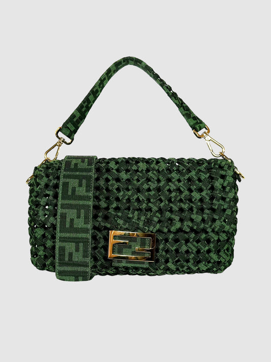 Fendi Green Jacquard Woven Fabric Medium Baguette Bag Consignment Luxury Resale Designer Secondhand Toronto Canada