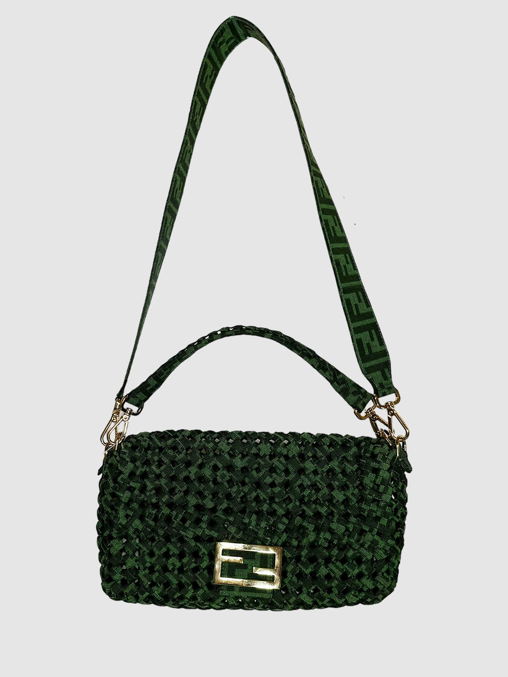 Fendi Green Jacquard Woven Fabric Medium Baguette Bag Consignment Luxury Resale Designer Secondhand Toronto Canada