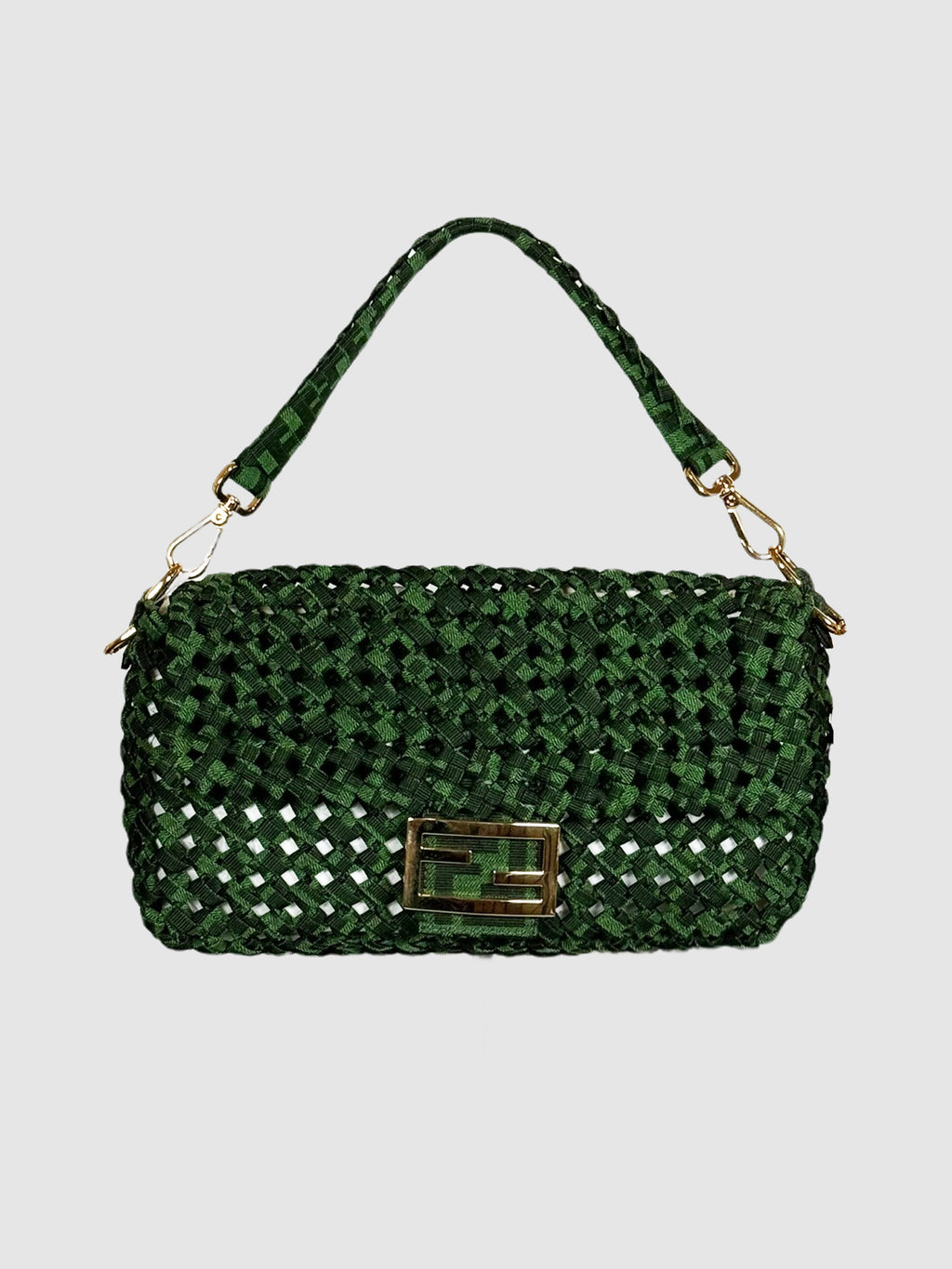 Fendi Green Jacquard Woven Fabric Medium Baguette Bag Consignment Luxury Resale Designer Secondhand Toronto Canada
