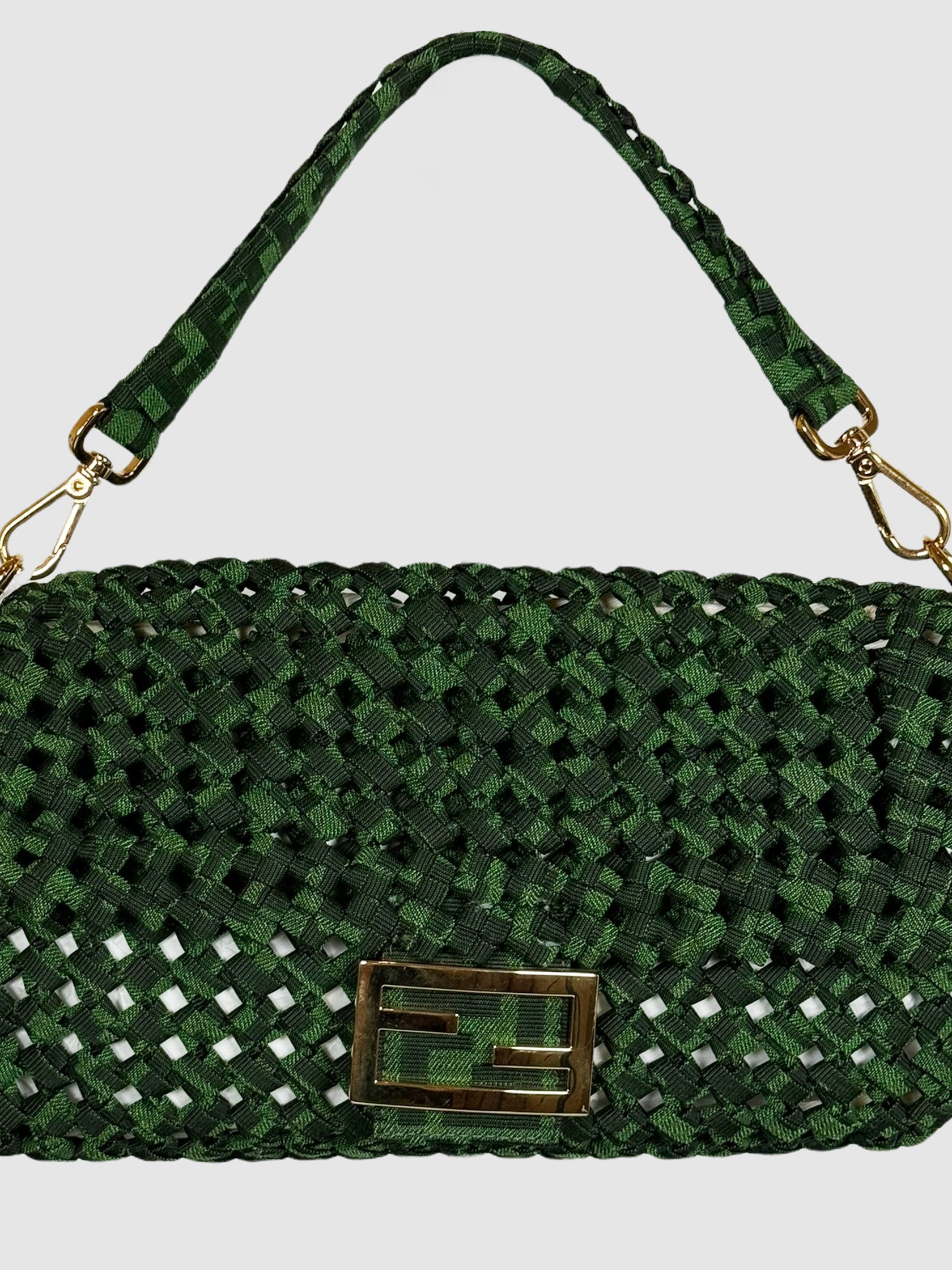Fendi Green Jacquard Woven Fabric Medium Baguette Bag Consignment Luxury Resale Designer Secondhand Toronto Canada