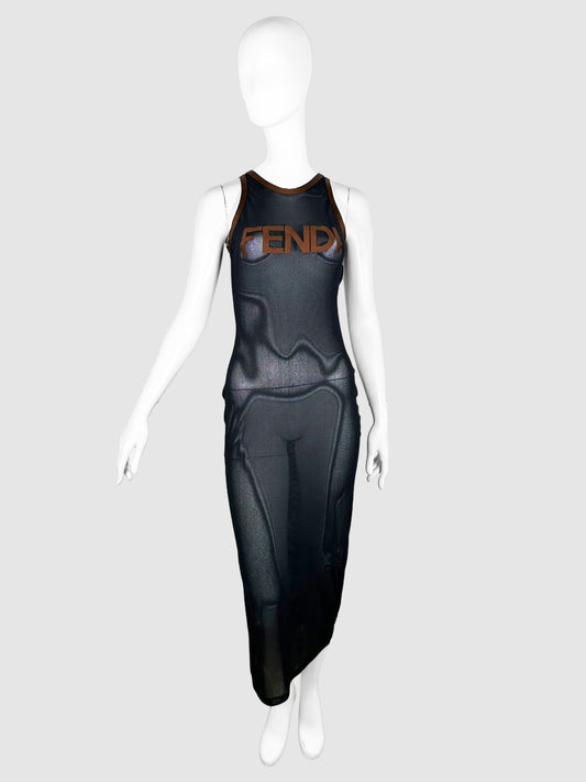 Fendi Navy Blue and Brown Sheer Bodycon Logo Sleeveless Maxi Dress - Size S/M Consignment Secondhand Designer Luxury Resale Toronto Trendy