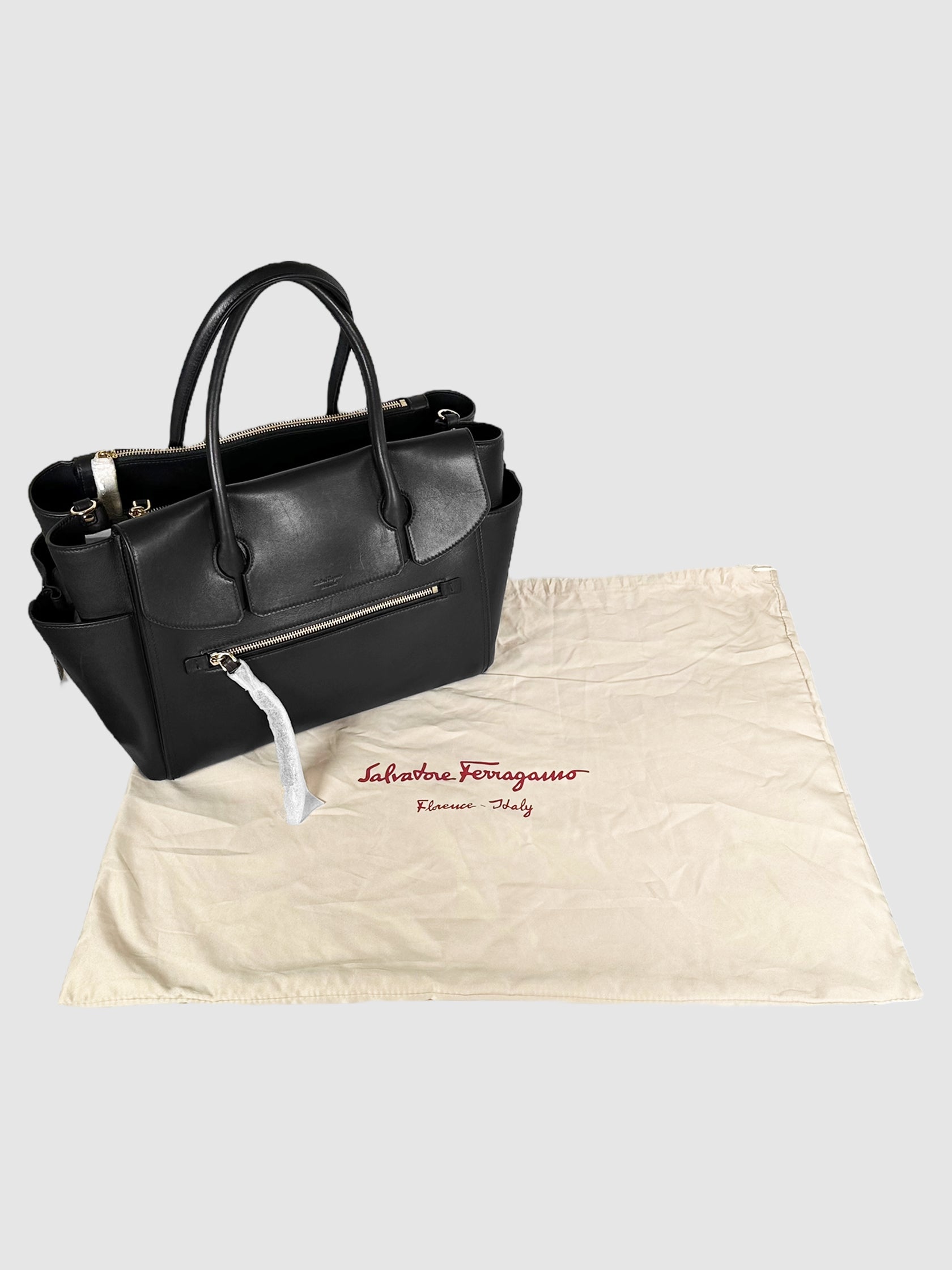 Salvatore Ferragamo Black Large Leather Hand Bag Consignment Secondhand Designer Luxury Resale Toronto Trendy