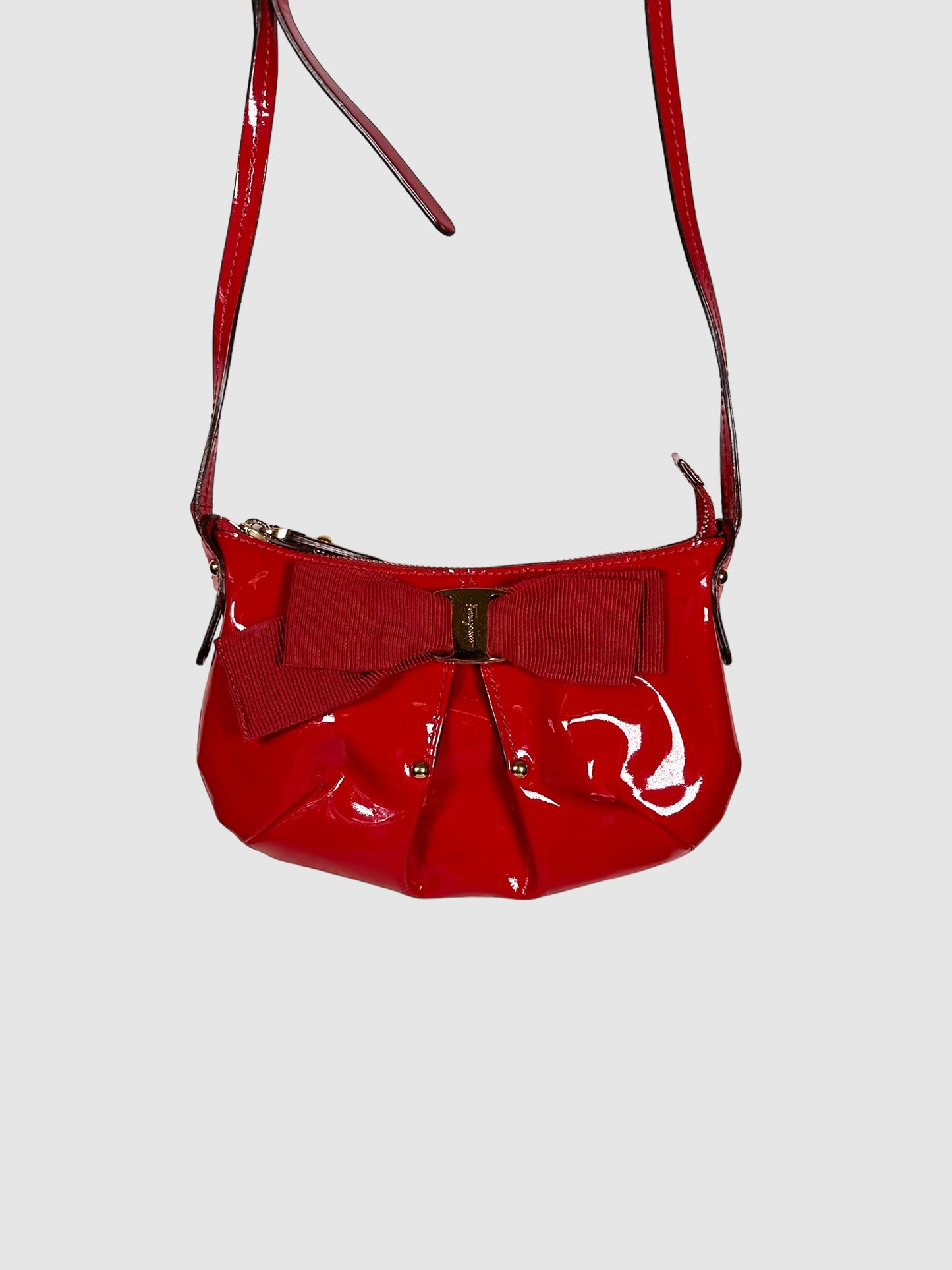 Salvatore Ferragamo Red Patent Leather Handbag with Front Bow Consignment Secondhand Designer Luxury Resale Toronto Trendy