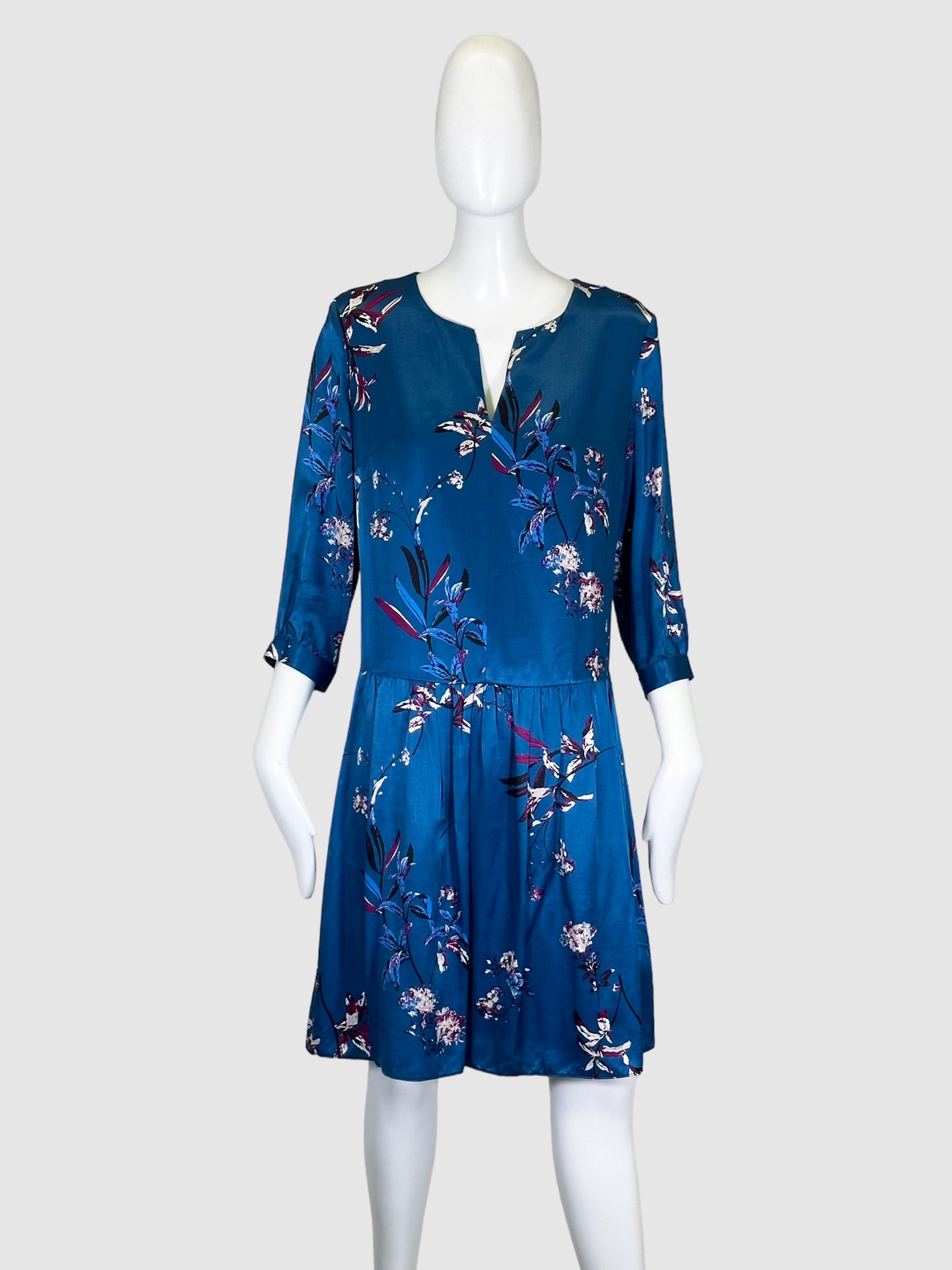 Floral V-Neck Satin Dress - Size 6
