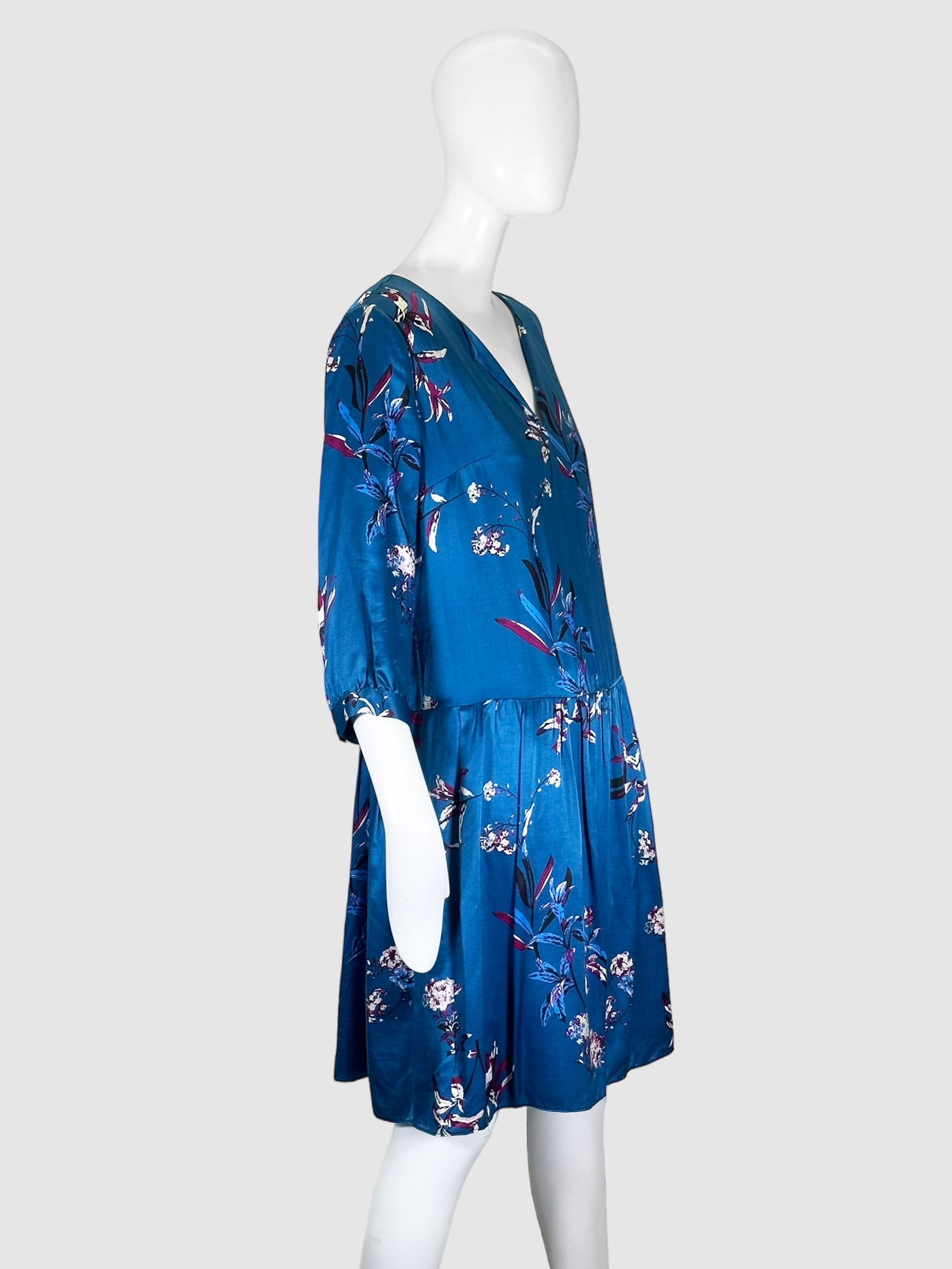 Floral V-Neck Satin Dress - Size 6