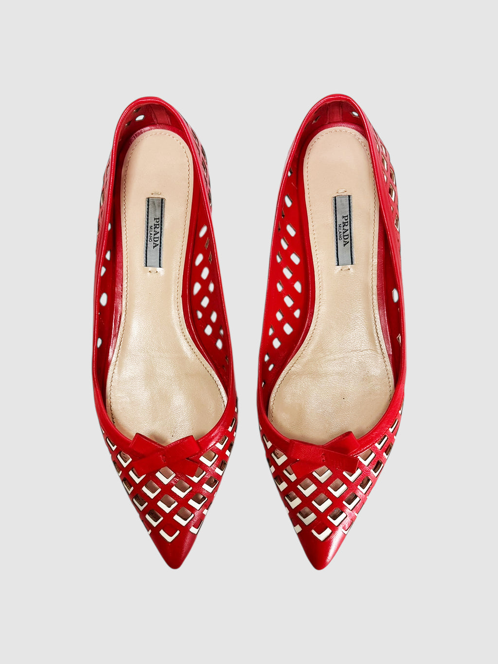 Prada Red and White Laser Cut Leather Ballerina Flats, Size 41 Luxury Designer Resale Consignment Shoes Toronto Secondhand VSP Vestiaire