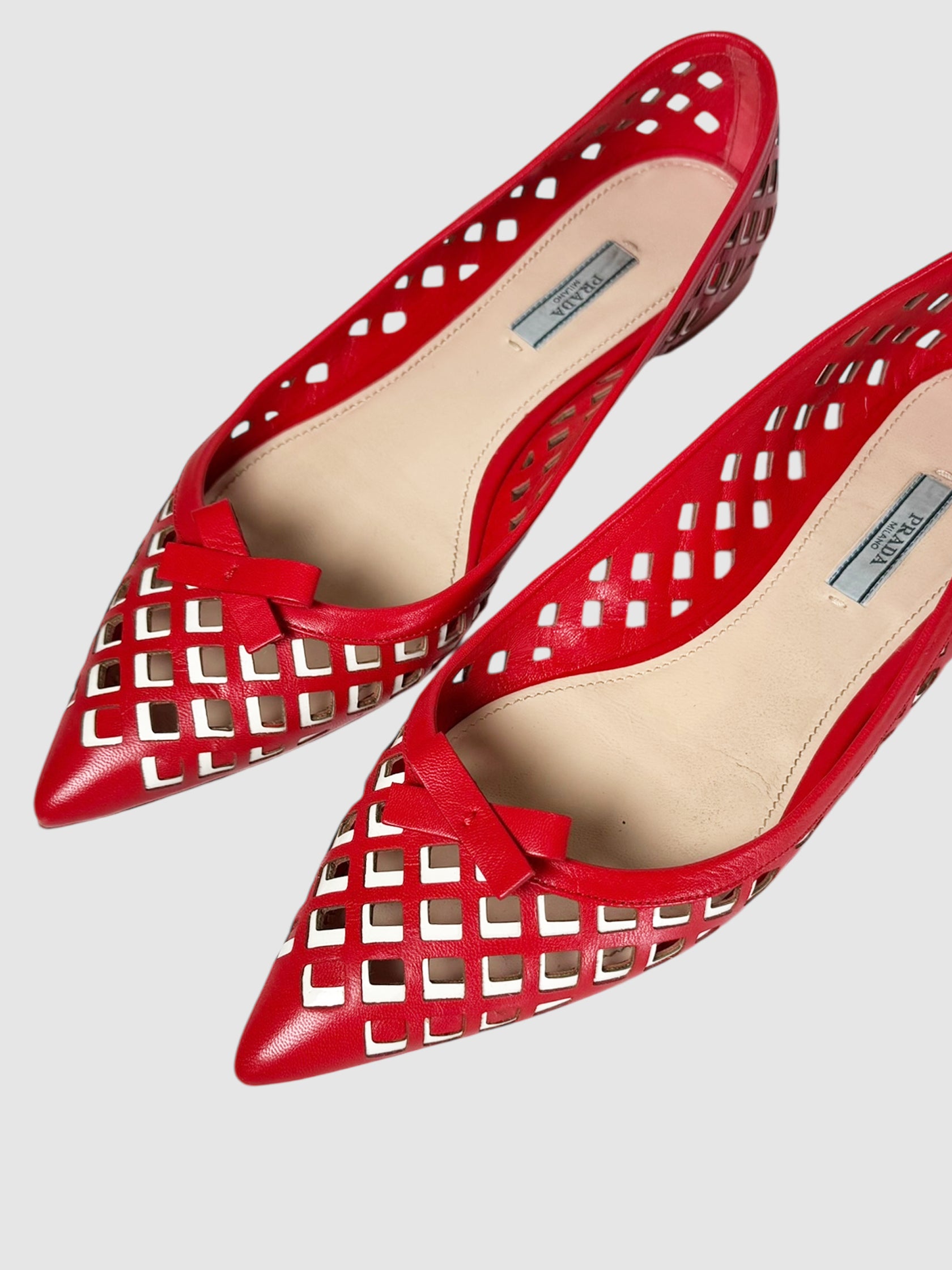 Prada Red and White Laser Cut Leather Ballerina Flats, Size 41 Luxury Designer Resale Consignment Shoes Toronto Secondhand VSP Vestiaire