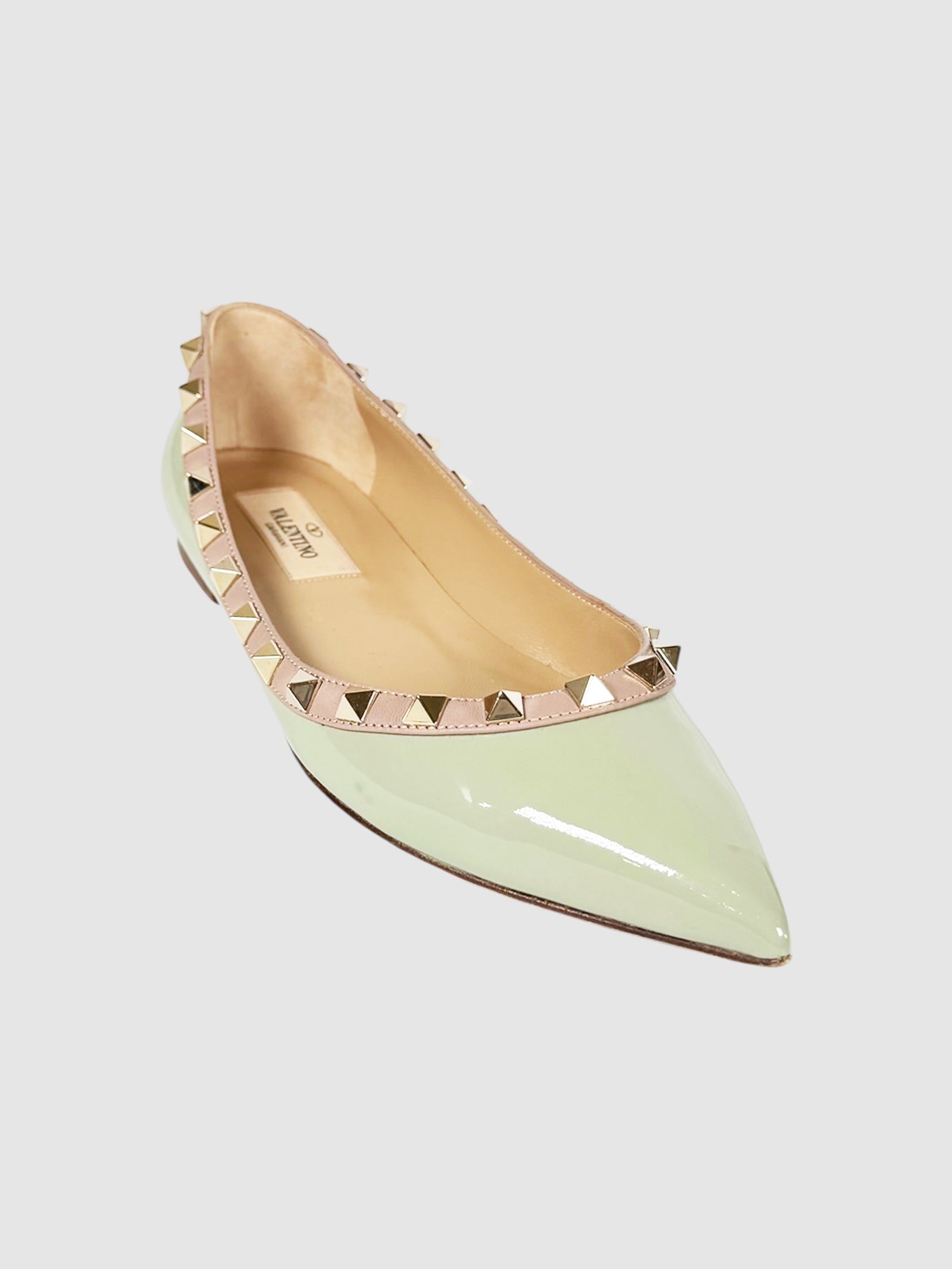 Valentino Garavani Sage Green Garavani Rockstud Leather Ballerina Flats, Size 35 Luxury Designer Resale Consignment Toronto Secondhand Vintage