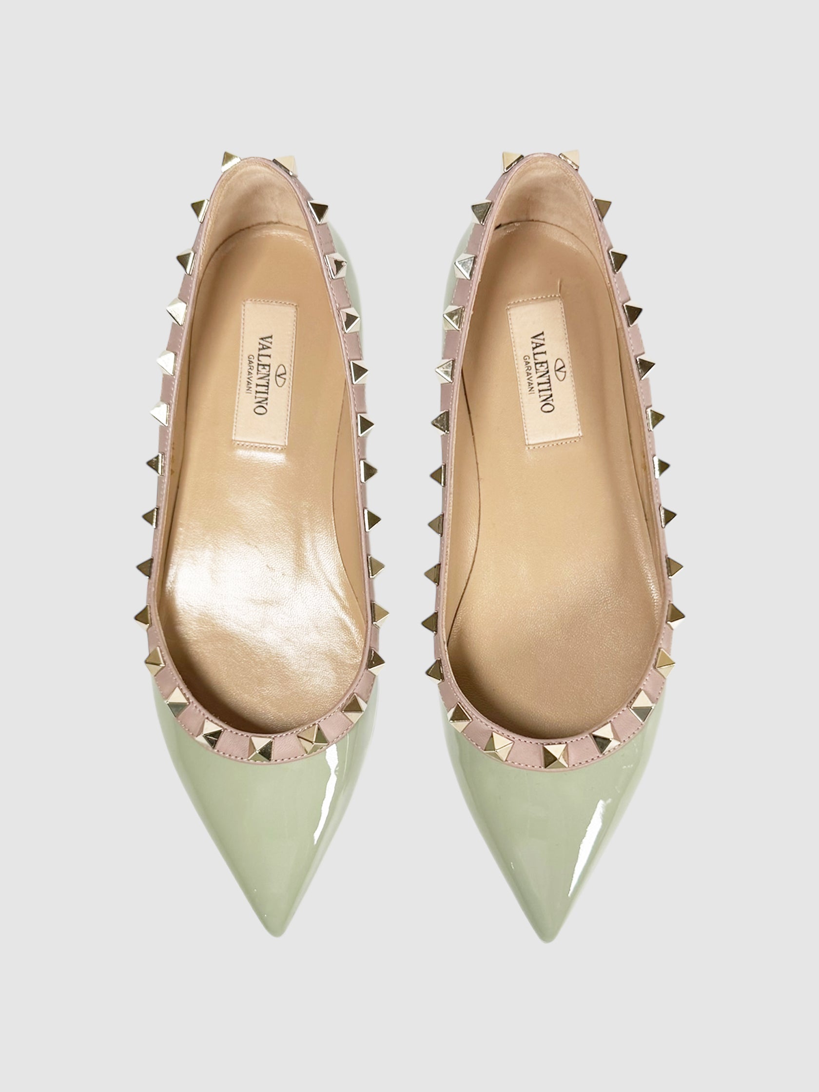 Valentino Garavani Sage Green Garavani Rockstud Leather Ballerina Flats, Size 35 Luxury Designer Resale Consignment Toronto Secondhand Vintage