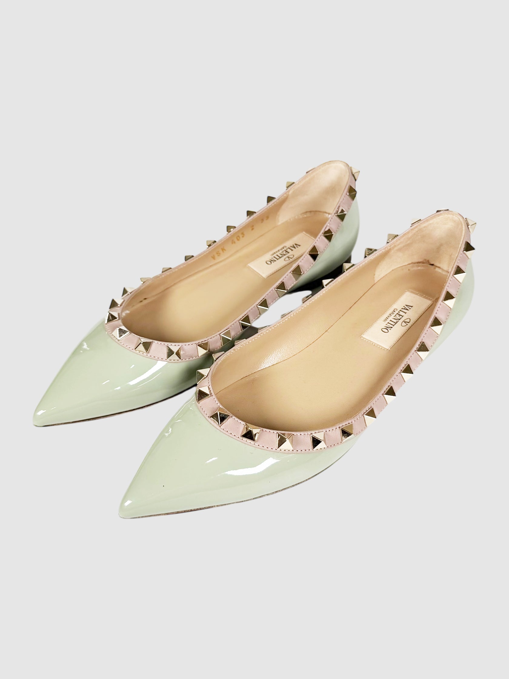 Valentino Garavani Sage Green Garavani Rockstud Leather Ballerina Flats, Size 35 Luxury Designer Resale Consignment Toronto Secondhand Vintage