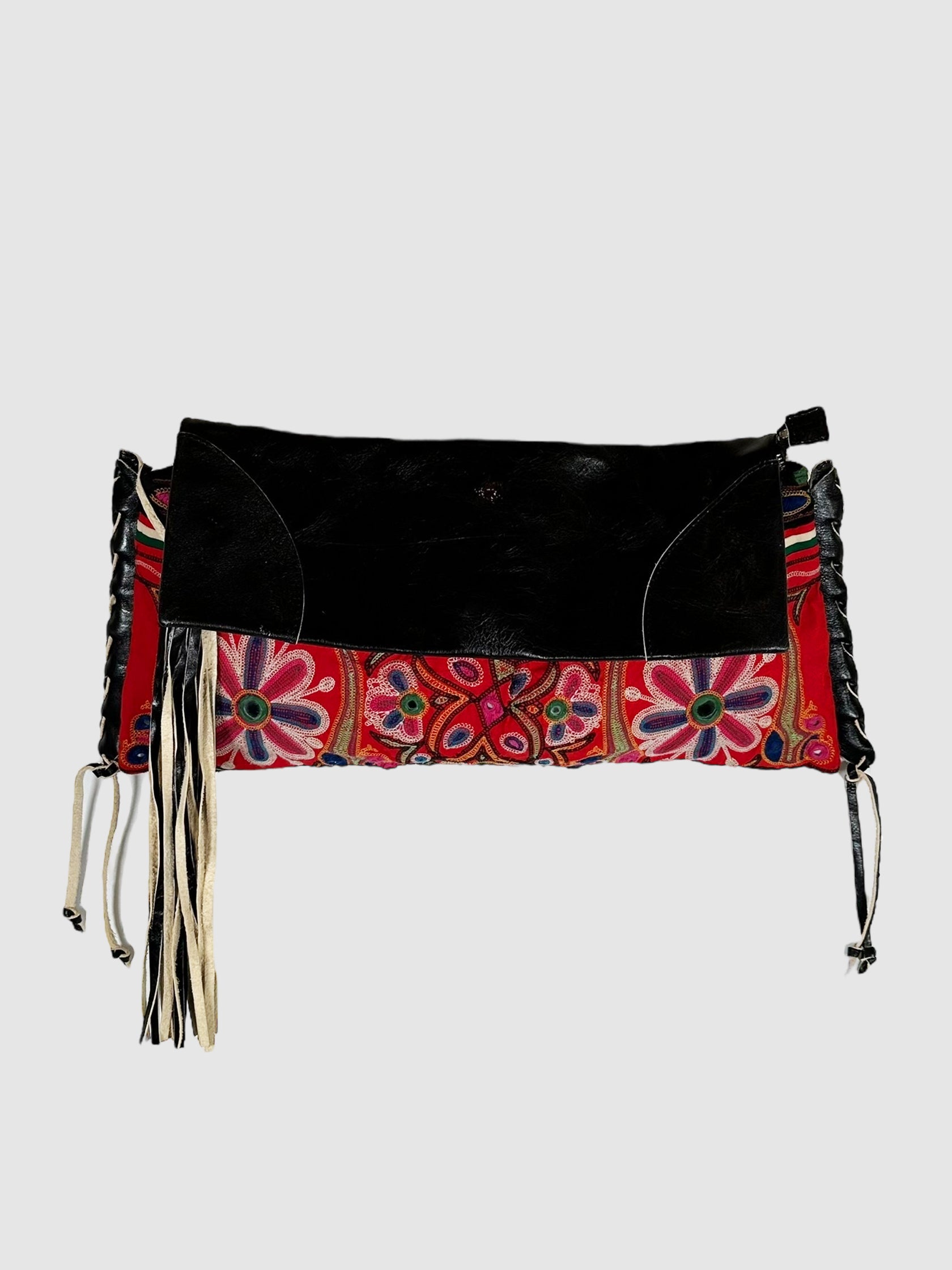 Foley + Corinna Black, Red, and Multicolour Embroidered Floral Flap Clutch Bag Consignment Secondhand Designer Luxury Resale Toronto Trendy