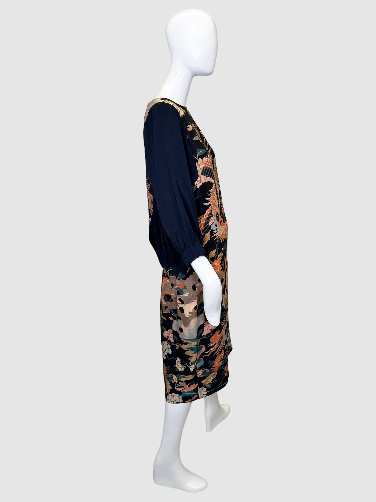 Printed Long Sleeve Midi Dress - Size 40
